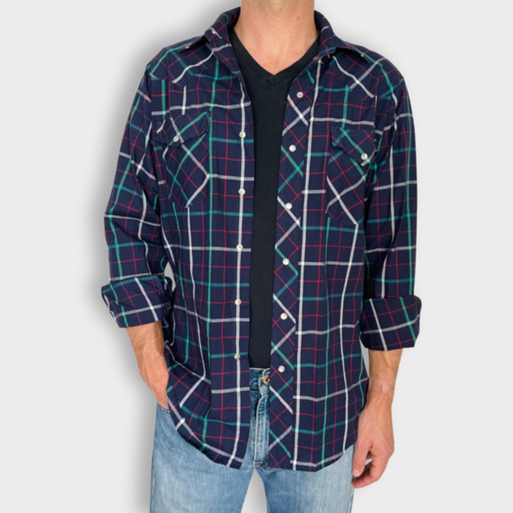 90s Lee Blue and Green Pearl Snap Shirt